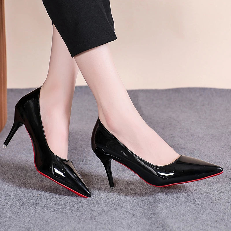 Sexy Pointed Toe Patent Leather High Heels Temperament Red Bottom Sole Shoes