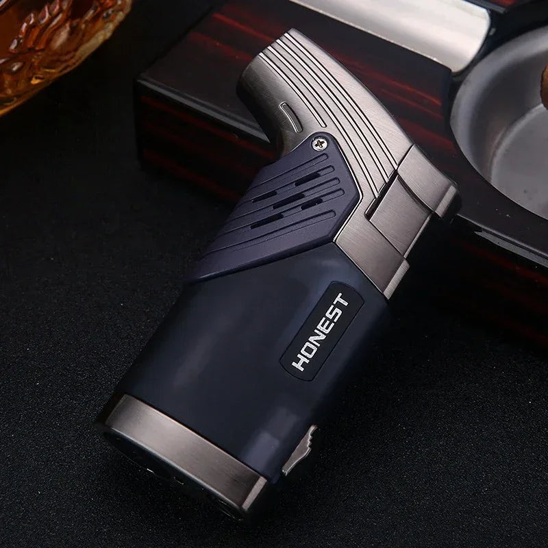 HONEST Windproof Cigar Lighter 2 Jet Torch Plastic Gas Butane Blue Flame Cigar Smoking Tool with Punch Gift Box for Cigar Man