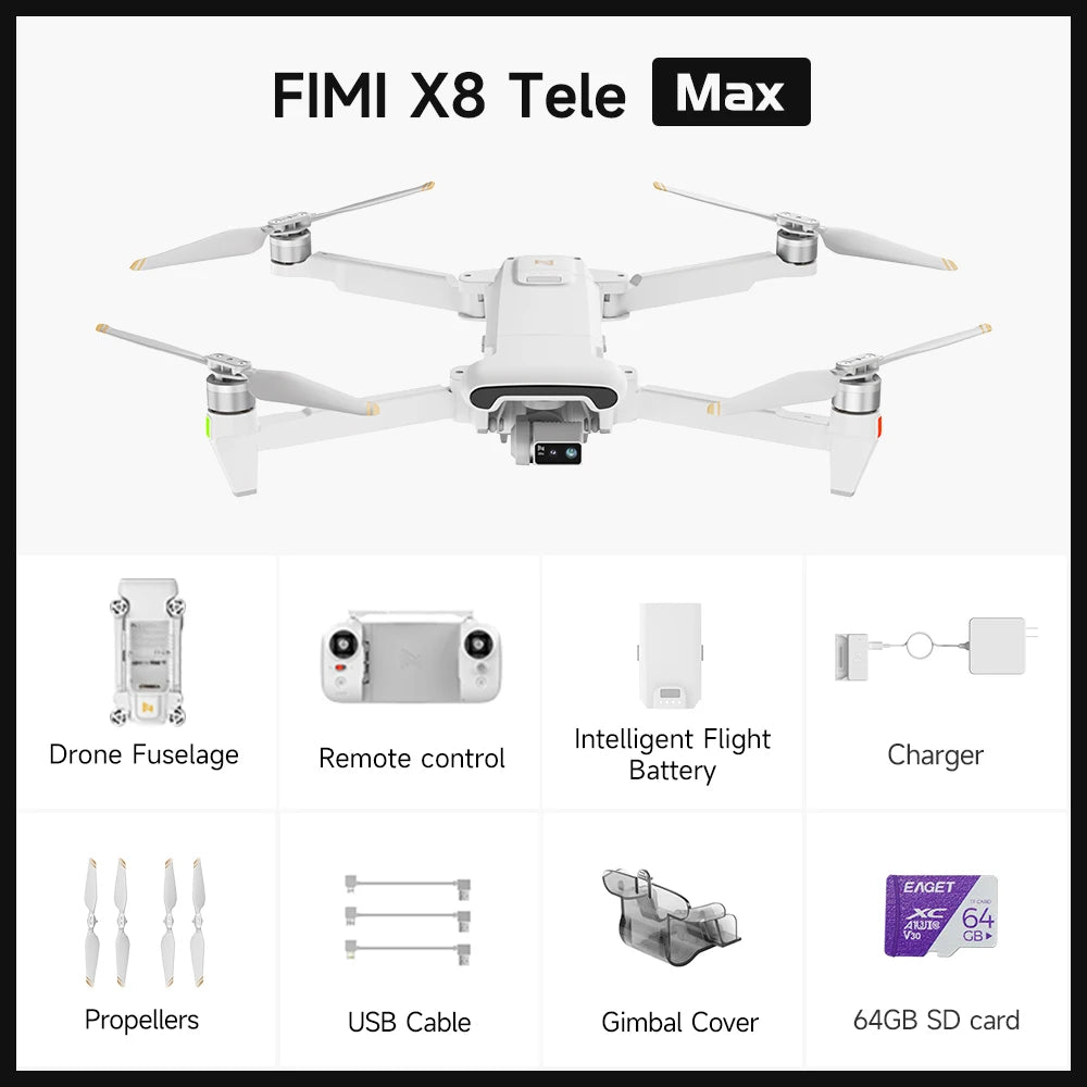 FIMI X8 Tele Max Drone 30x Hybrid Zoom Wide-Angle Tele Camera 20KM Range 4K 60fps 3-Axis Gimbal GPS AI Super Night Video