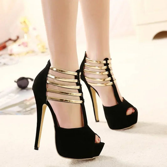 Sexy High Heels Women Stilettos Platform Elegant Metal Woman Wedding Pumps Black Red Medium Heel Shoes Summer Large Size 34 45