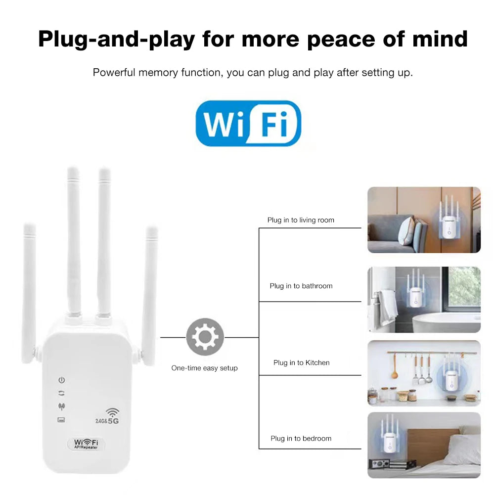 1200Mbps Wireless WiFi Repeater with WAN/LAN Port Dual-Band 2.4GHz/5GHz WiFi Extender 4 Antennas Wi-Fi Signal Booster for Home
