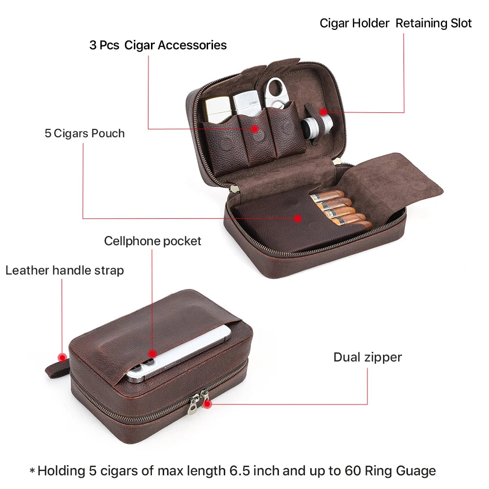 Luxury Handmade Genuine Leather Cigar Humidor Case Portable Travel Box For 5 Cigars Cigarette Lighter Cutter with Phone Pouch