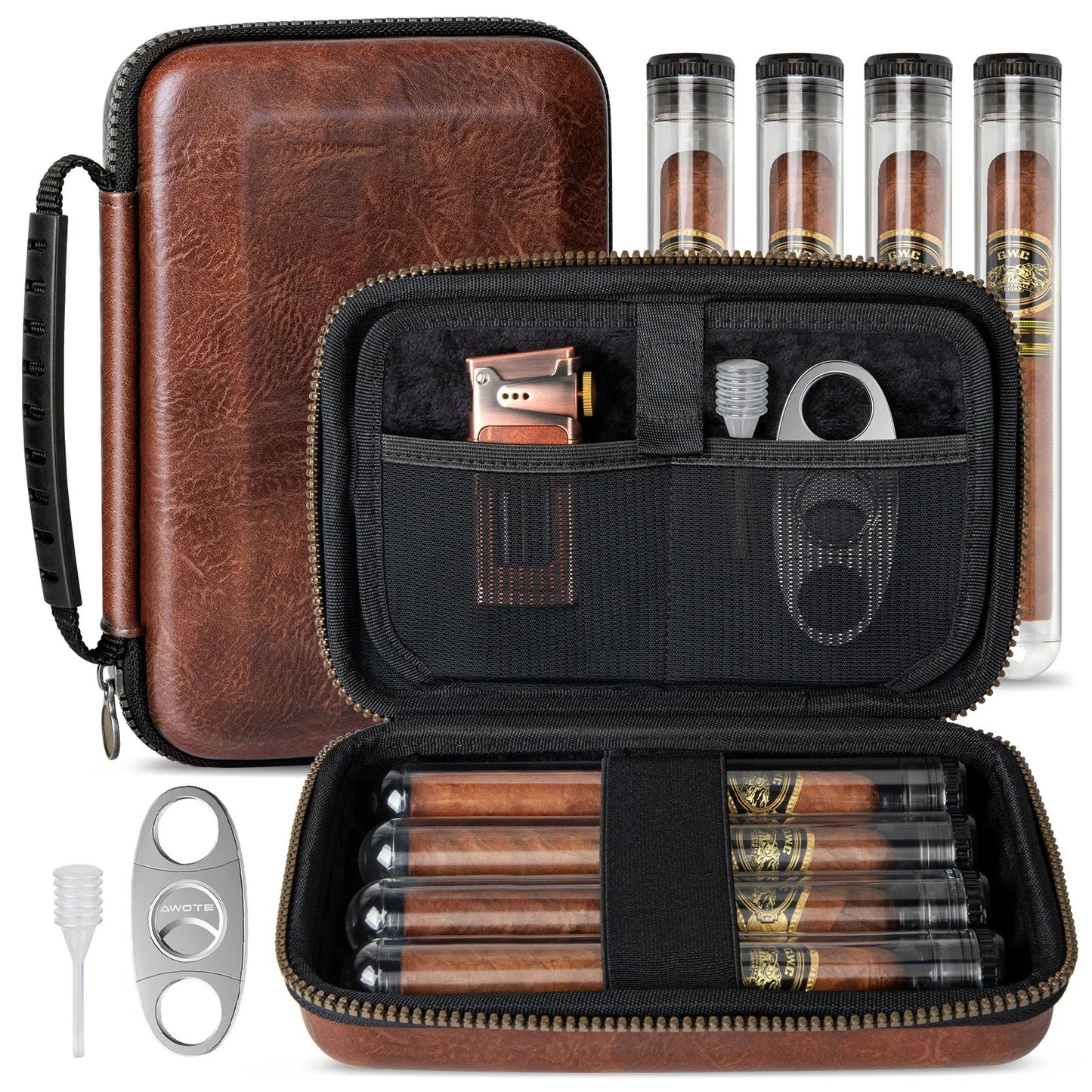 AWOTE Leather Travel Cigar Humidor with 4 Cigar Tube and Cigar Cutter,Cigar Accessories Gift Set for Men,Lighter not included