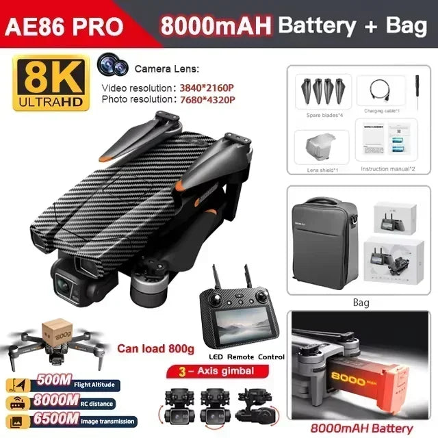 AE86 PRO MAX Professional Drone 10KM 3-Axis Gimbal RC Quadcopter 8K FPV Dual Camera GPS Obstacle Avoidance Drone with LED Screen