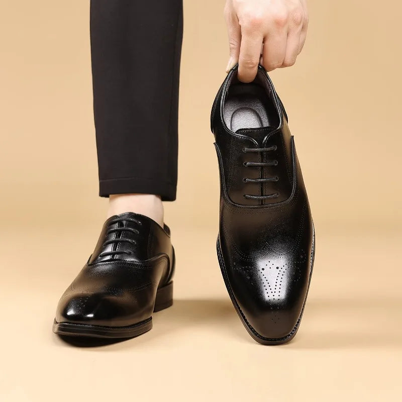 2026 Men Handmade Genuine Cow Leather Oxford Shoes Business Pointed Lace Up Men Wedding Shoes Formal Flats Black Plus Size 38-48