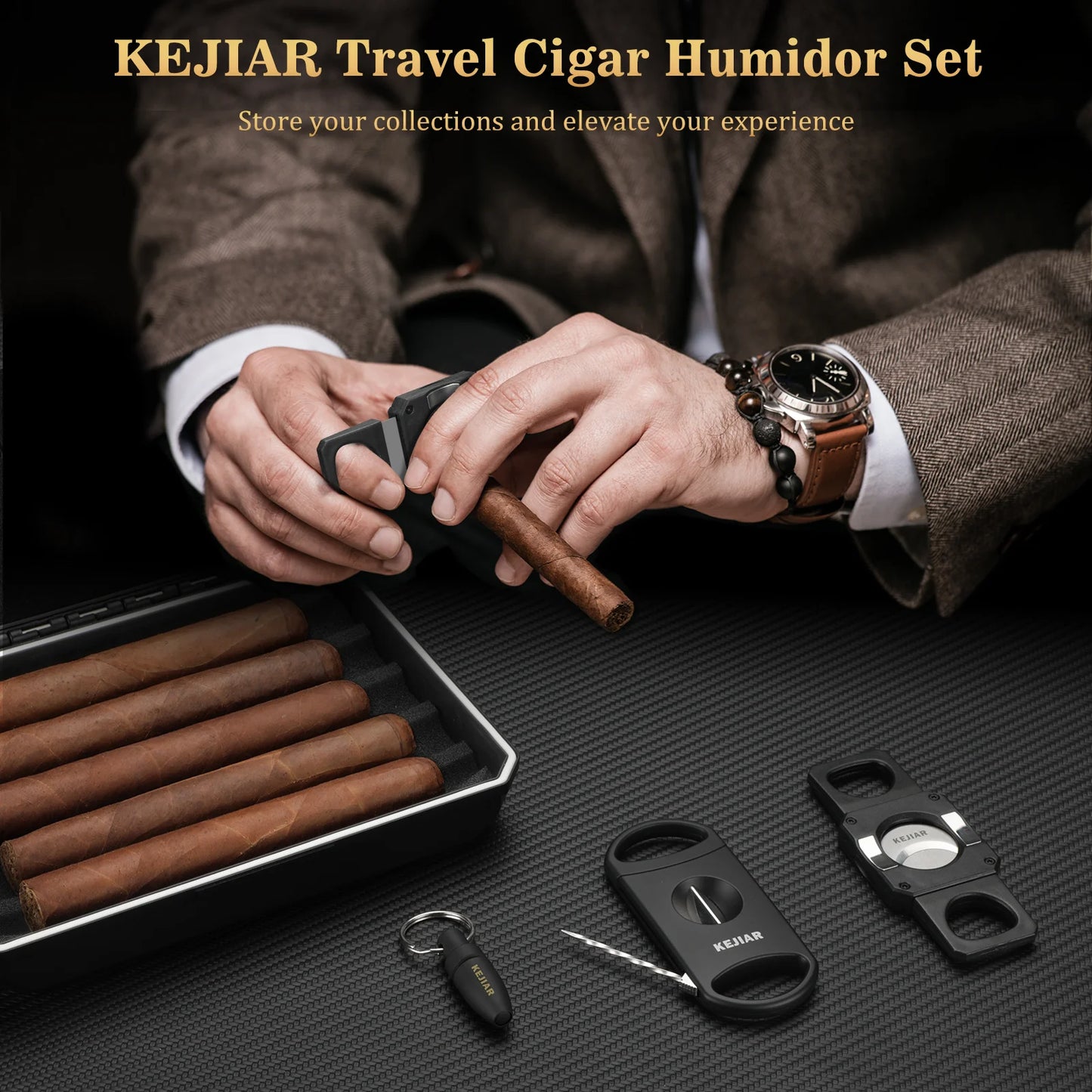 Travel Cigar Humidor Case Portable Cigar Box with Cigar Cutter V Cut,Cigar Cutter Straight Cut,Cigar Punch,Humidity Control Pack