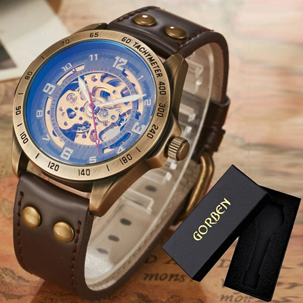 Men Waterproof Automatic Mechanical Watch  with Genuine Leather