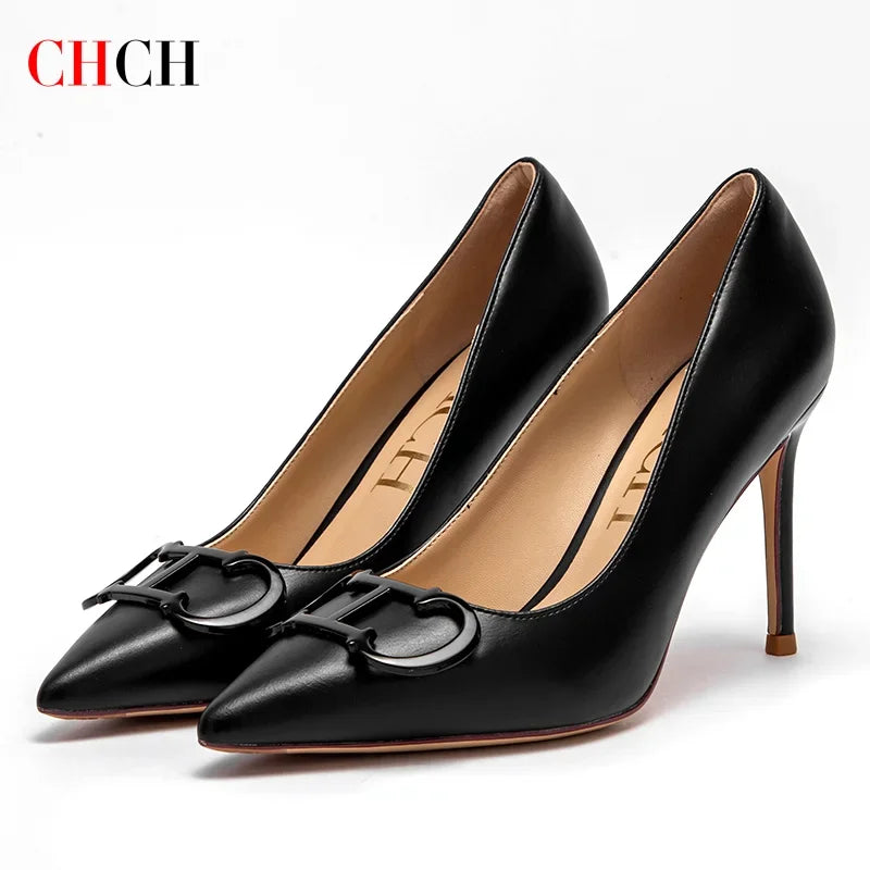 Woman High Heels New Pointed Metal Buckle Shoes