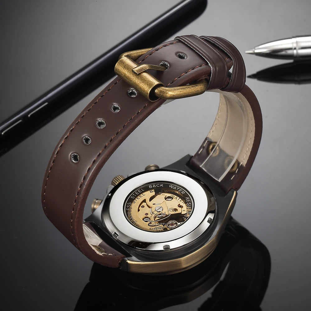 Men Waterproof Automatic Mechanical Watch  with Genuine Leather