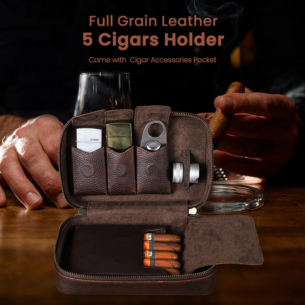 Luxury Handmade Genuine Leather Cigar Humidor Case Portable Travel Box For 5 Cigars Cigarette Lighter Cutter with Phone Pouch