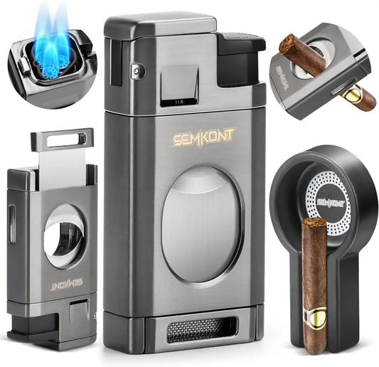 Cigar Lighter Triple Jet Flame Cigar Cutter Windproof Butane Refillable Torch Lighters 2 in 1 Multifunctional Ashtray Set