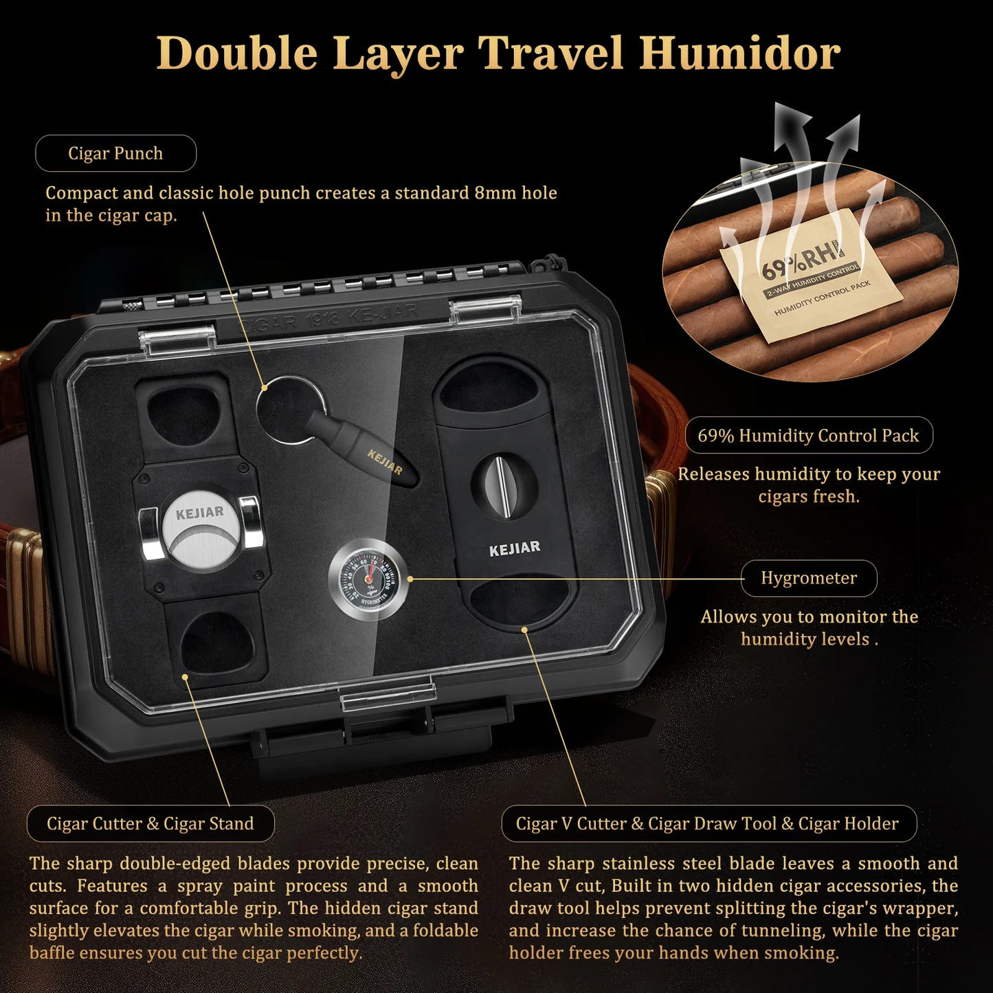 Travel Cigar Humidor Case Portable Cigar Box with Cigar Cutter V Cut,Cigar Cutter Straight Cut,Cigar Punch,Humidity Control Pack