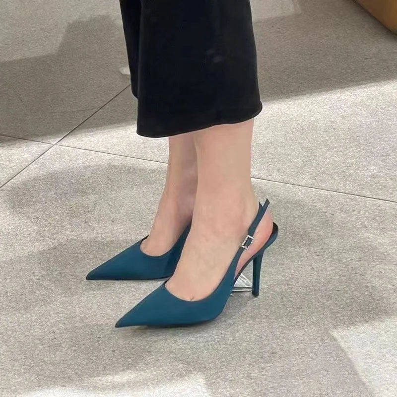 Blue High Heel Shoes for Female Pointed Fashion Sandals Sexy Thin Heels Slip-on Commuter Shoes Shallow Summer 2023 Women's Pumps