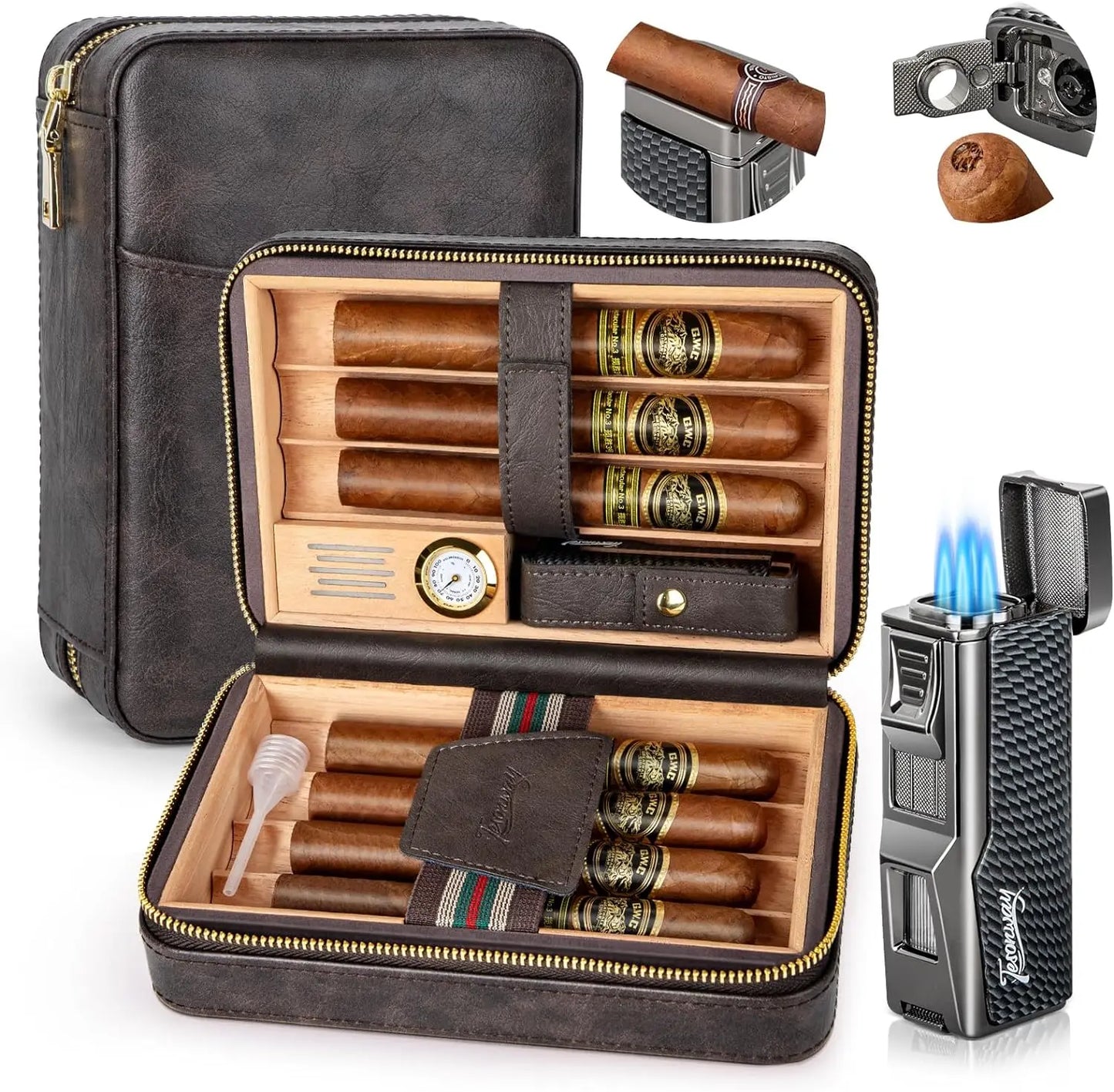 Travel Humidor Cigar Case&Cigar Lighter,Leather Cigar Case with Cedar Wood Tray,Hygrometer,Humidifier,Cigar Accessories for Men