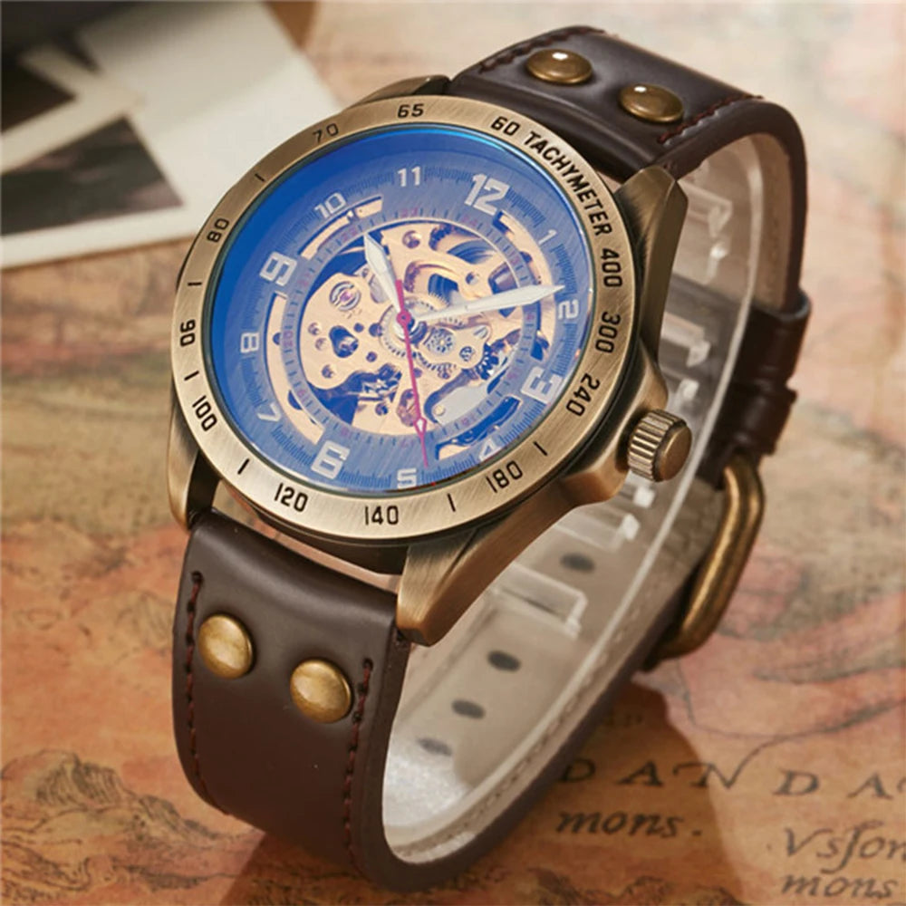 Men Waterproof Automatic Mechanical Watch  with Genuine Leather