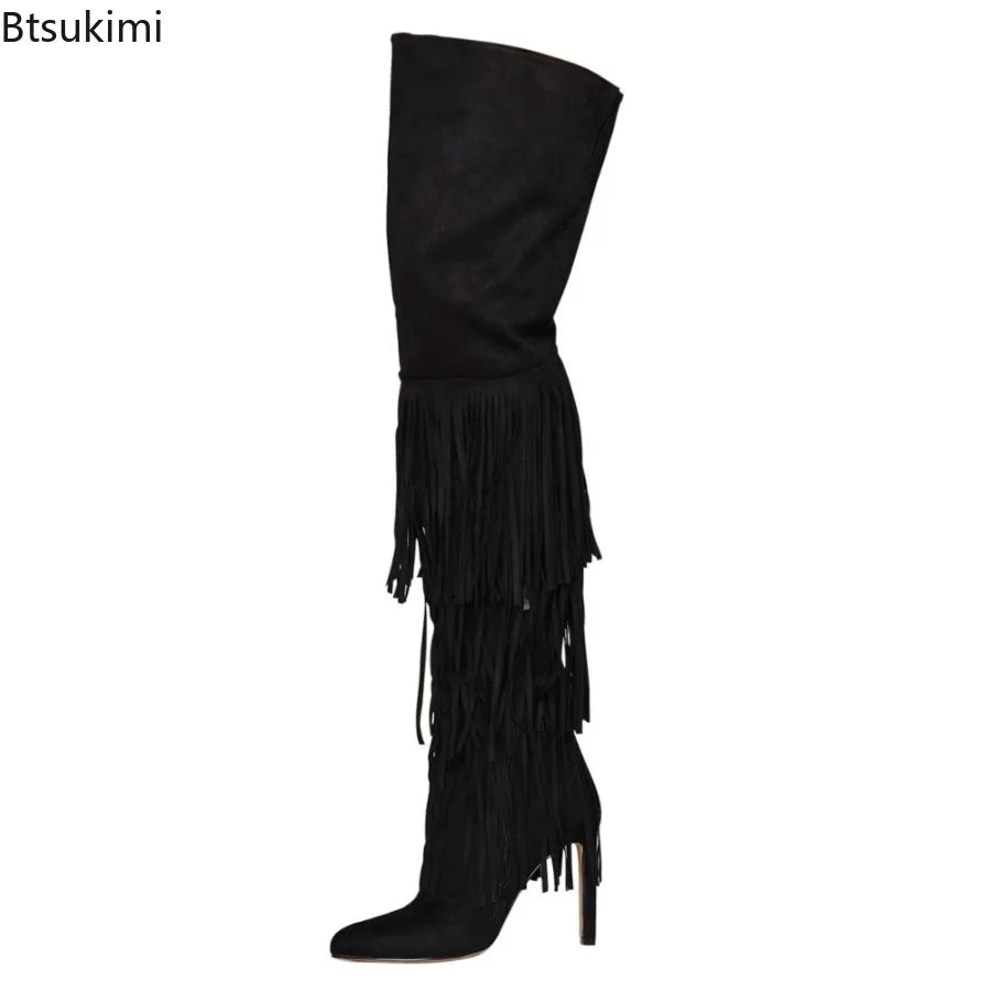 Women's Fashion Tassel High Heels Over Knee Boots New Black Suede Pointed Stiletto Tall Boots Elegant Casual Party Dress Boots