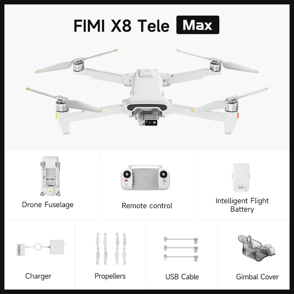 FIMI X8 Tele Max Drone 30x Hybrid Zoom Wide-Angle Tele Camera 20KM Range 4K 60fps 3-Axis Gimbal GPS AI Super Night Video