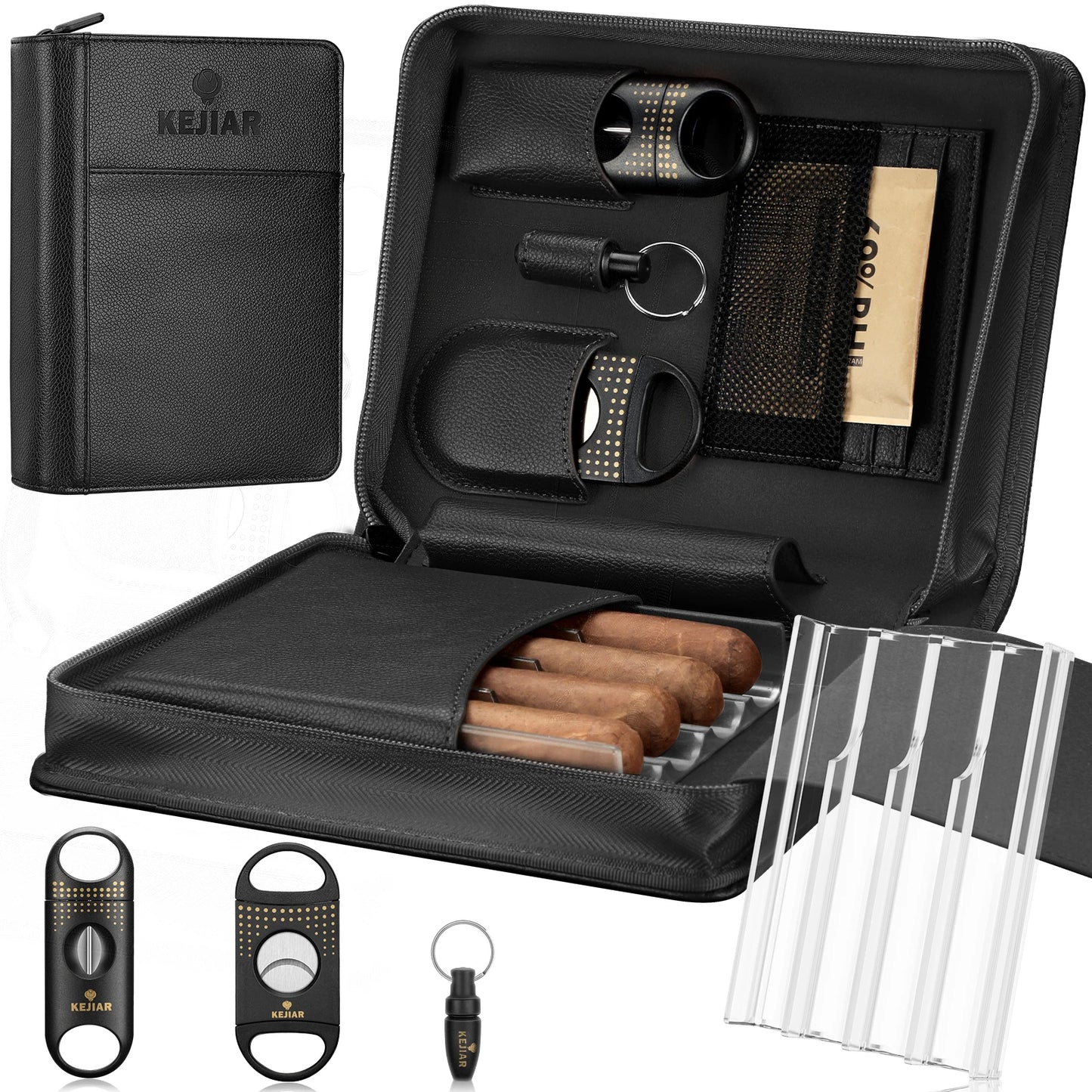 Portable Cigar Humidor Case with V Cutter,Straight Cigar Punch, Humidifier Packs for Travel