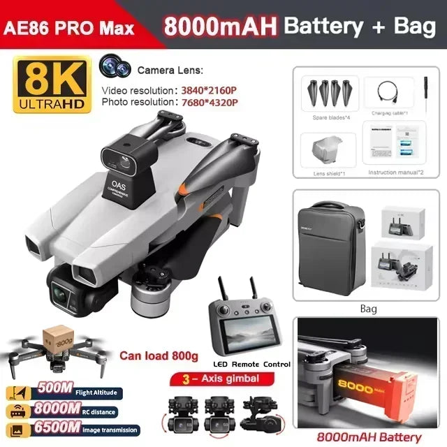 AE86 PRO MAX Professional Drone 10KM 3-Axis Gimbal RC Quadcopter 8K FPV Dual Camera GPS Obstacle Avoidance Drone with LED Screen
