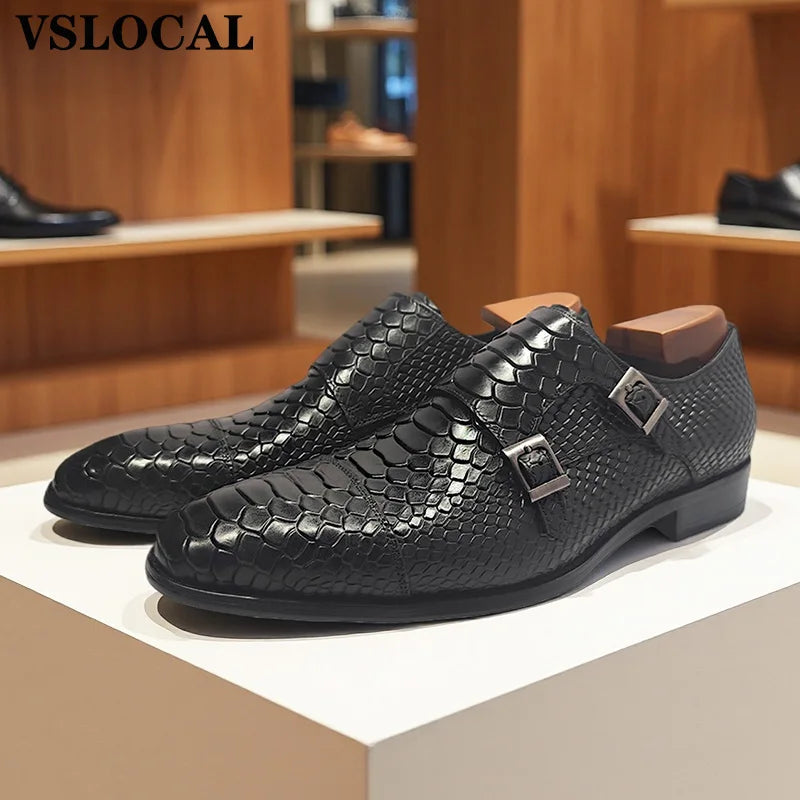 Luxury Men Loafers Shoes Slip On Snake Print Dress Mens Casual Shoes Black Blue Real Leather Double Monk Strap Shoes Man