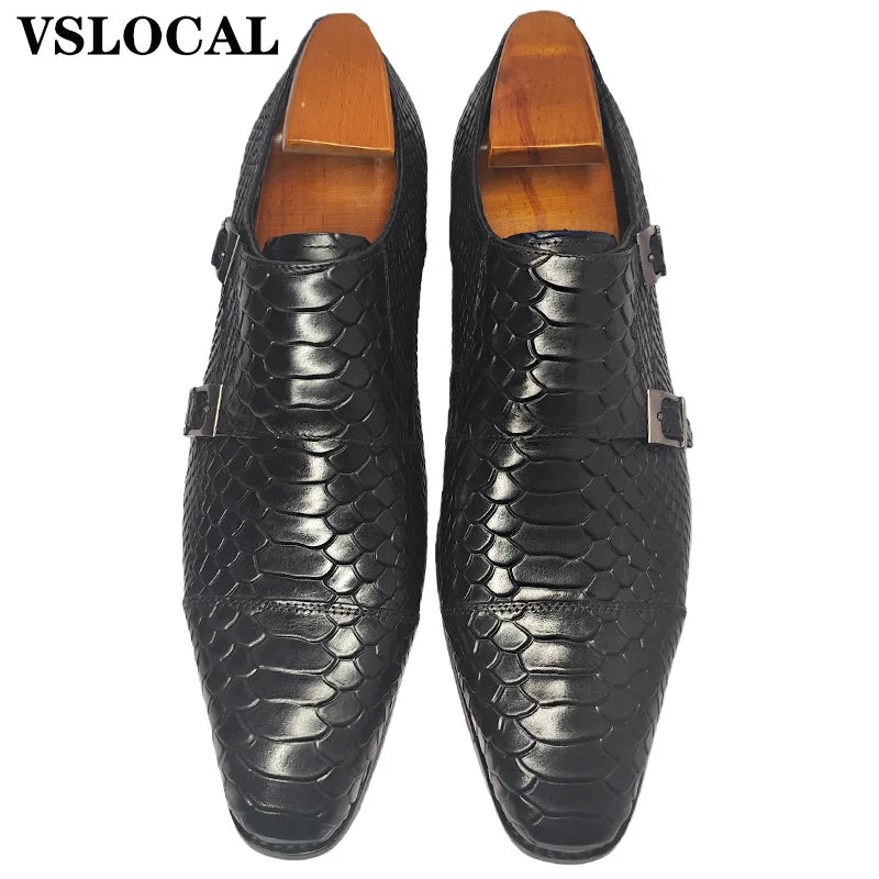 Luxury Men Loafers Shoes Slip On Snake Print Dress Mens Casual Shoes Black Blue Real Leather Double Monk Strap Shoes Man