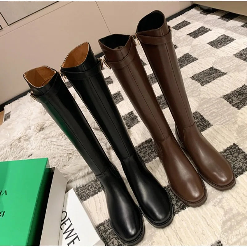 New Women's Black Elegant with Low Heels Shoes Long Brown Boots Winter Knee High Shaft Stylish Lastest Price Goth