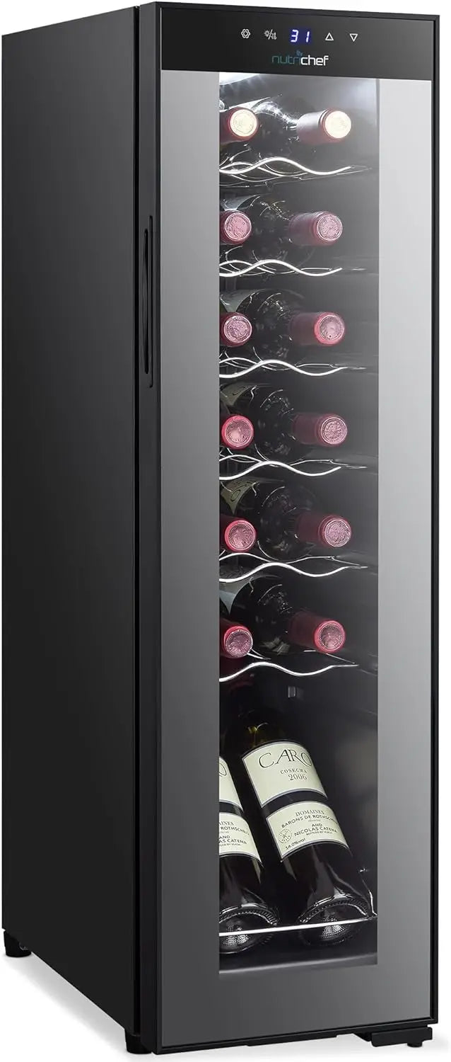 White & Red Cooler,Freestanding Countertop Compact Mini Wine Fridge Chiller Capacity, Digital Control,Glass Door,12 Bottle-Black