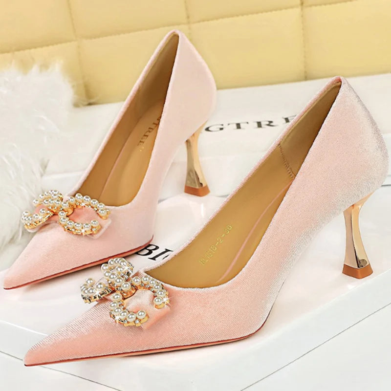 Women Low Heels Pumps Metal Chain Buckle Dress Shoes
