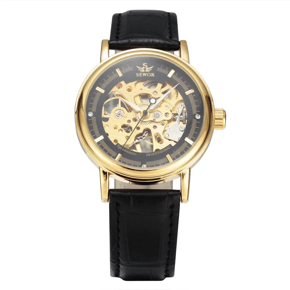 Men Mechanical Wristwatch, PU Leather Band, Mineral Reinforced Glass Wrist Watch forDaily Use