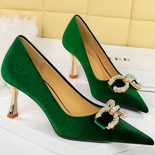 Women Low Heels Pumps Metal Chain Buckle Dress Shoes