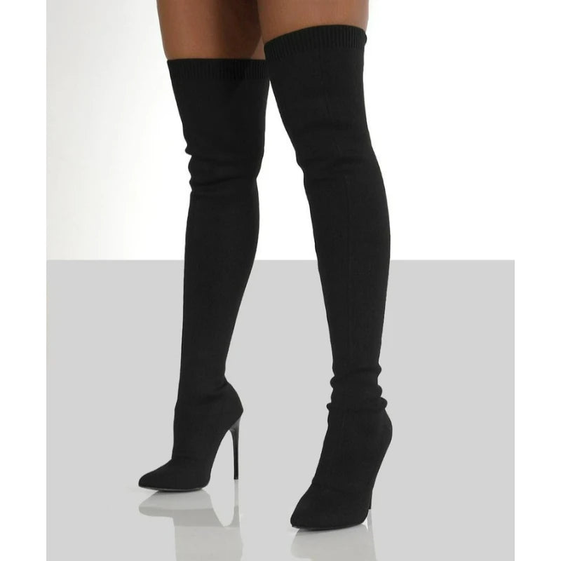 Over The Knee Women Boots Stretch Fabrics High Heels Slip on Shoes Sexy Party Boots Pointed Toe Socks Long Boots Botas Feminina