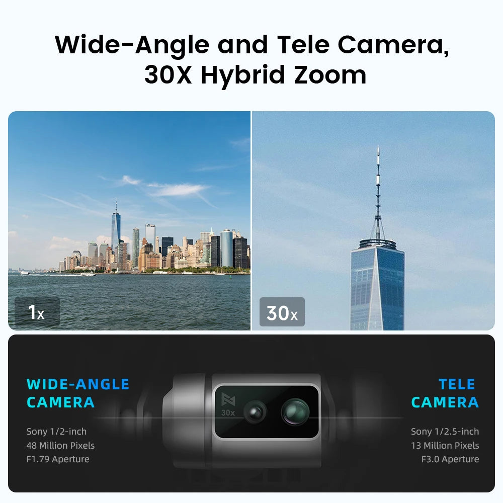 FIMI X8 Tele Max Drone 30x Hybrid Zoom Wide-Angle Tele Camera 20KM Range 4K 60fps 3-Axis Gimbal GPS AI Super Night Video