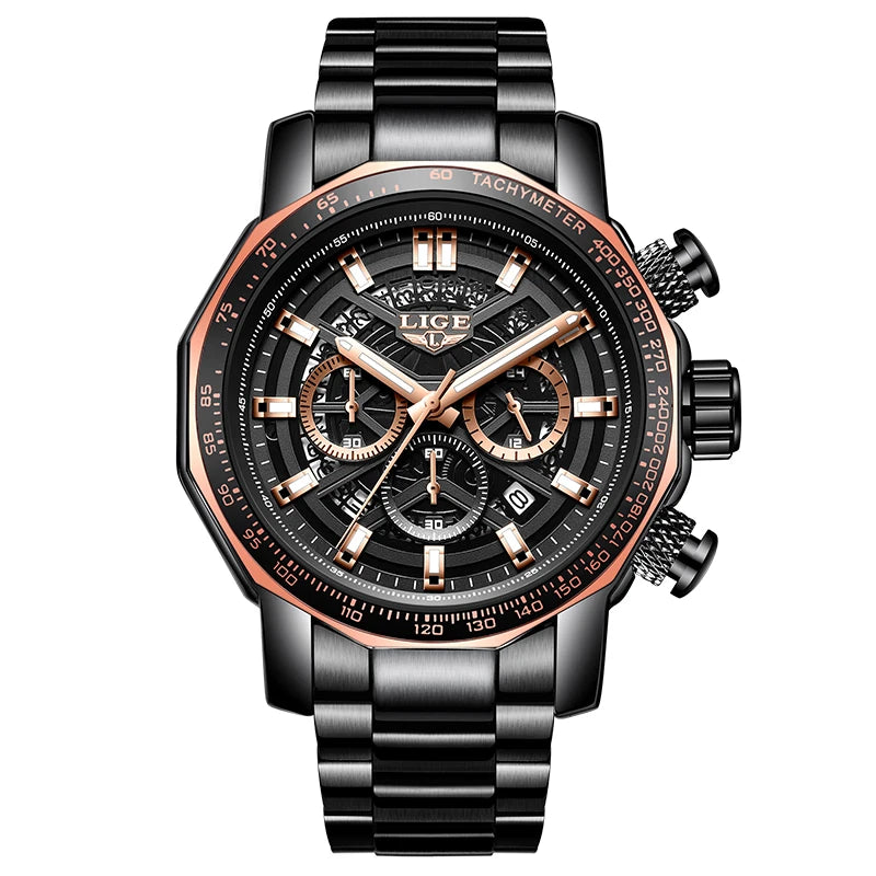 LIGE Mens Watches Top Brand Luxury Wrist Watches For Men Gold Big Golden Male Chronograph Wristwatch Man Relogios Masculino