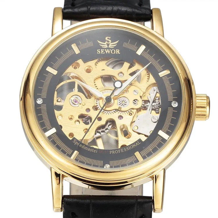 Men Mechanical Wristwatch, PU Leather Band, Mineral Reinforced Glass Wrist Watch forDaily Use