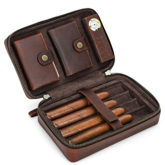 Portable Cigar Humidor With Hygrometer Cowhide Cigar Accessories Humidor Storage 4pcs Lighter Cutter Storage Box Humidor Luxury