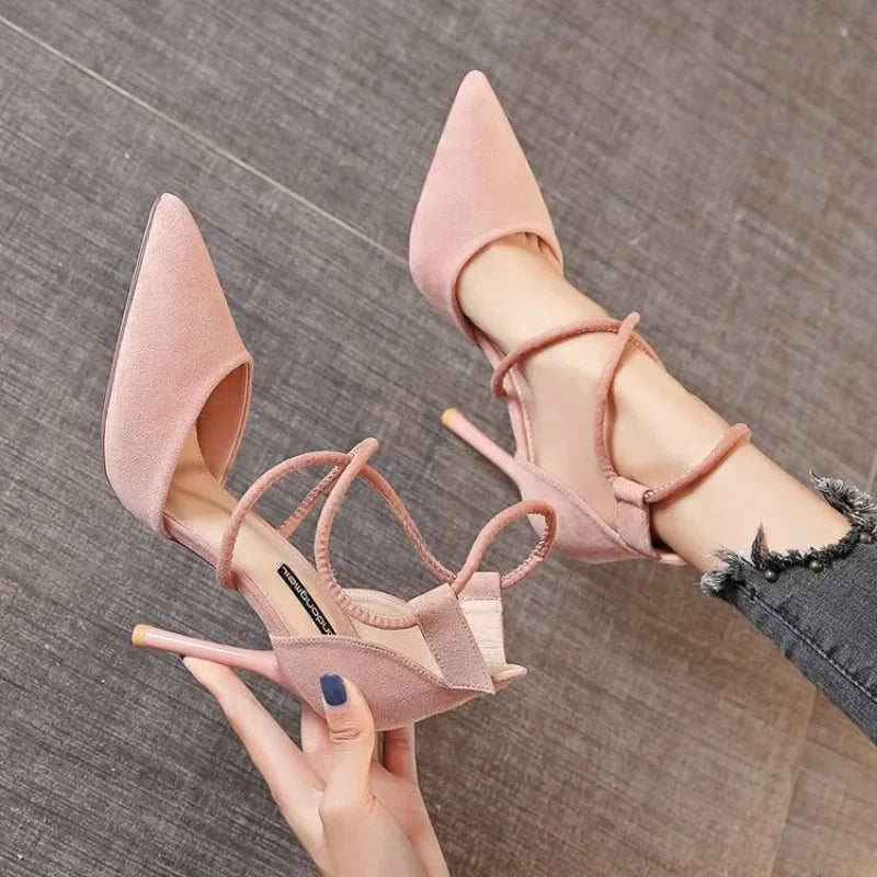 New Cross-strap Roman Sandals Suede High Heels Women's Shoes One-line Buckle