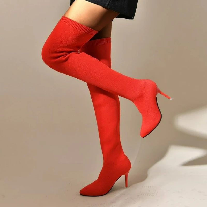 Over The Knee Women Boots Stretch Fabrics High Heels Slip on Shoes Sexy Party Boots Pointed Toe Socks Long Boots Botas Feminina