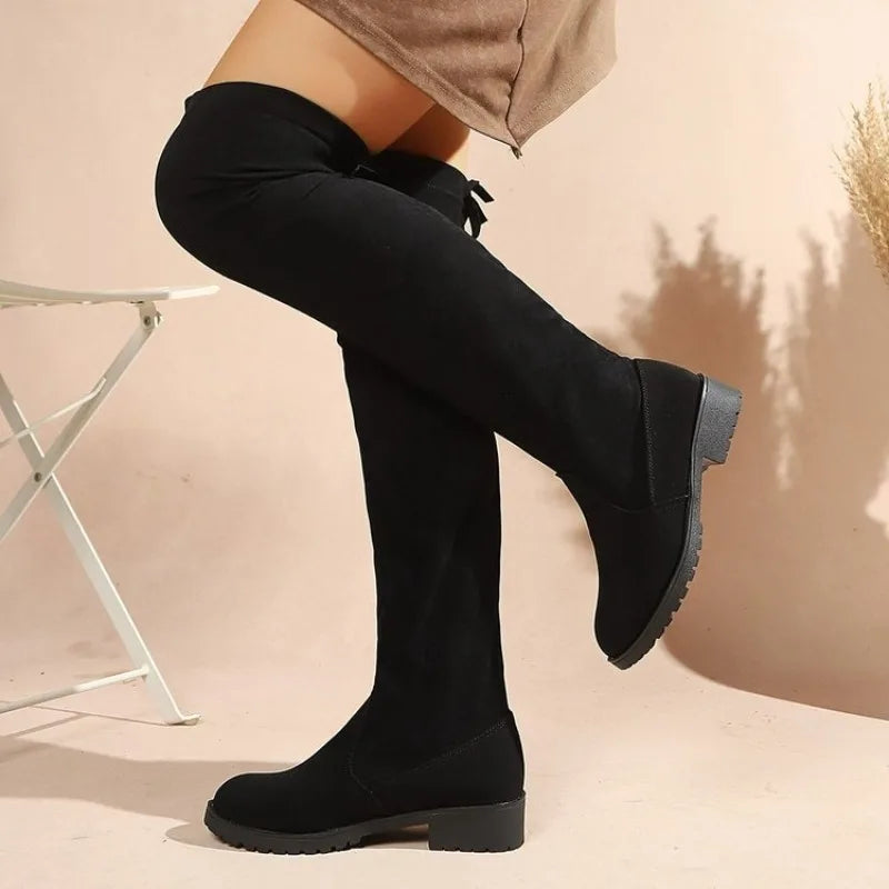 Women Round Toe Over‑The‑Knee Boots Faux Suede Stretch Low Block Heel Back Bow Pull‑On Long Boots