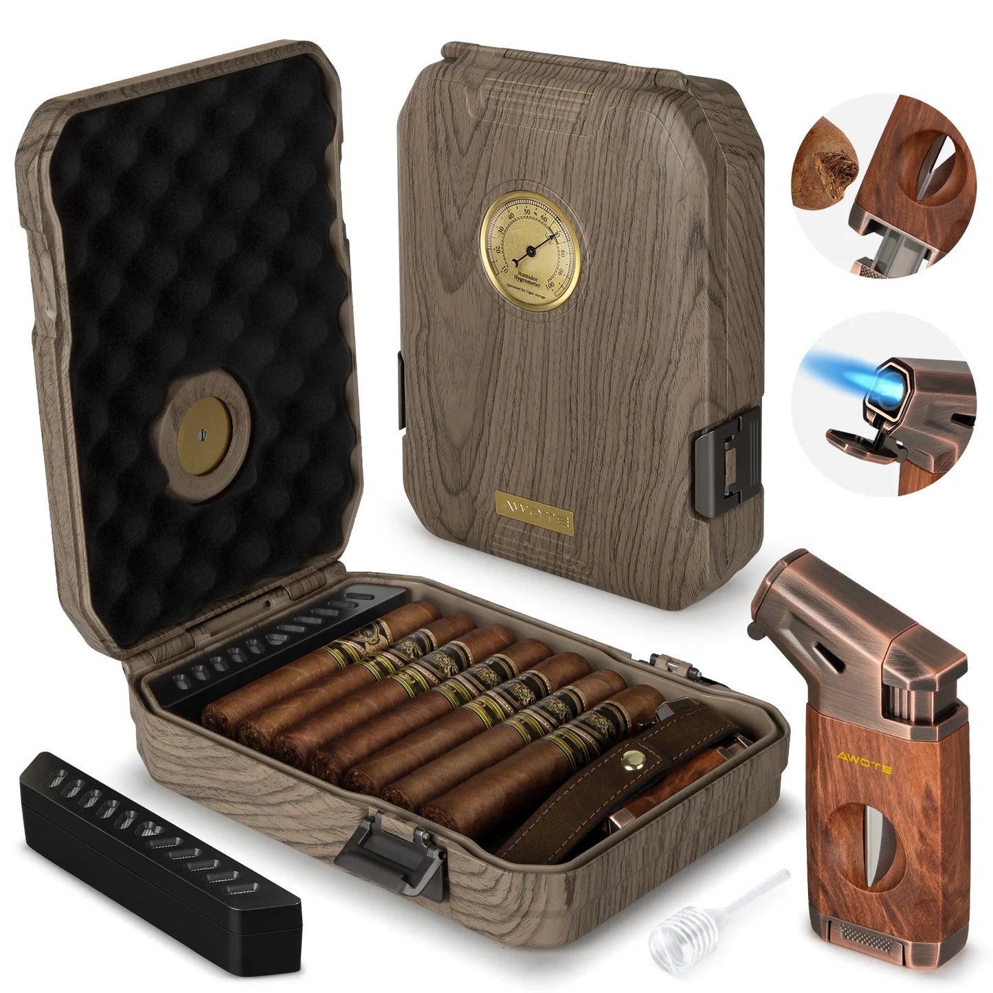 AWOTE Travel Cigar Humidor with Lighter,Cedar Wood,V Cut Cigar Cutter,Portable Cigar Humidor with Humidifier&Hygrometer