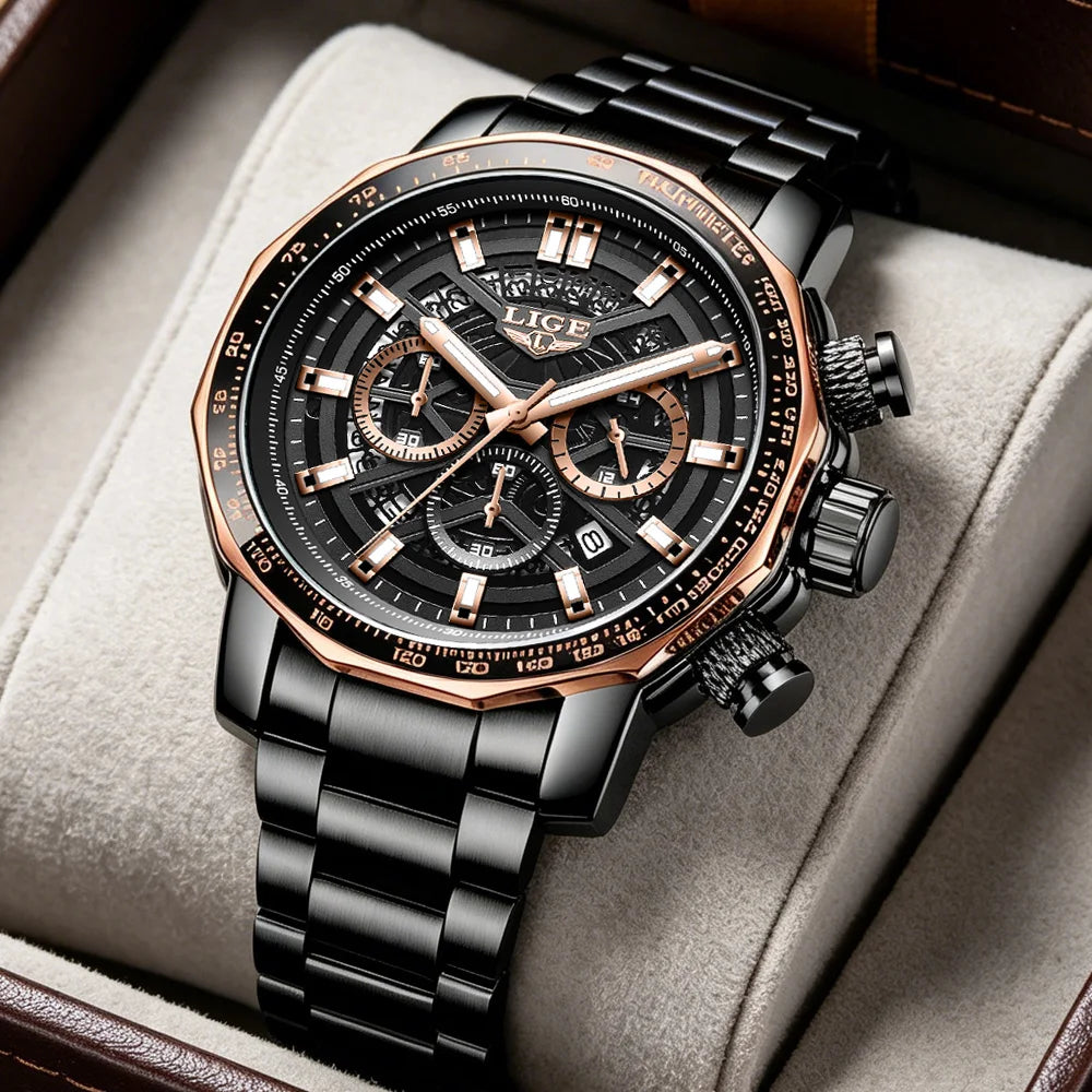 LIGE Mens Watches Top Brand Luxury Wrist Watches For Men Gold Big Golden Male Chronograph Wristwatch Man Relogios Masculino