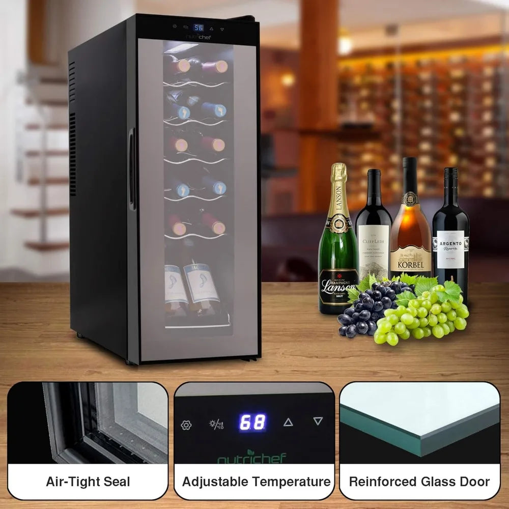 White & Red Cooler,Freestanding Countertop Compact Mini Wine Fridge Chiller Capacity, Digital Control,Glass Door,12 Bottle-Black