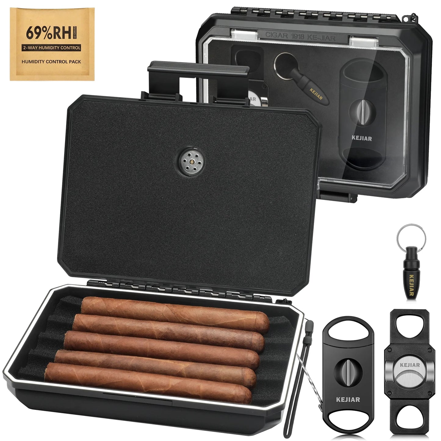 Travel Cigar Humidor Case Portable Cigar Box with Cigar Cutter V Cut,Cigar Cutter Straight Cut,Cigar Punch,Humidity Control Pack