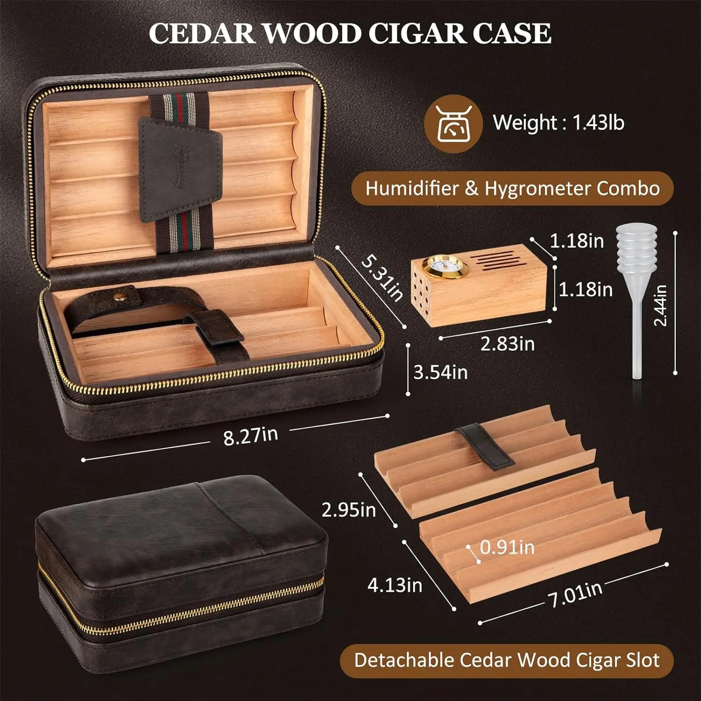 Travel Humidor Cigar Case&Cigar Lighter,Leather Cigar Case with Cedar Wood Tray,Hygrometer,Humidifier,Cigar Accessories for Men