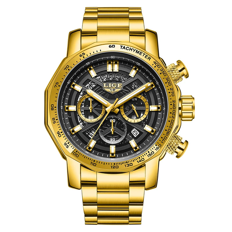 LIGE Mens Watches Top Brand Luxury Wrist Watches For Men Gold Big Golden Male Chronograph Wristwatch Man Relogios Masculino