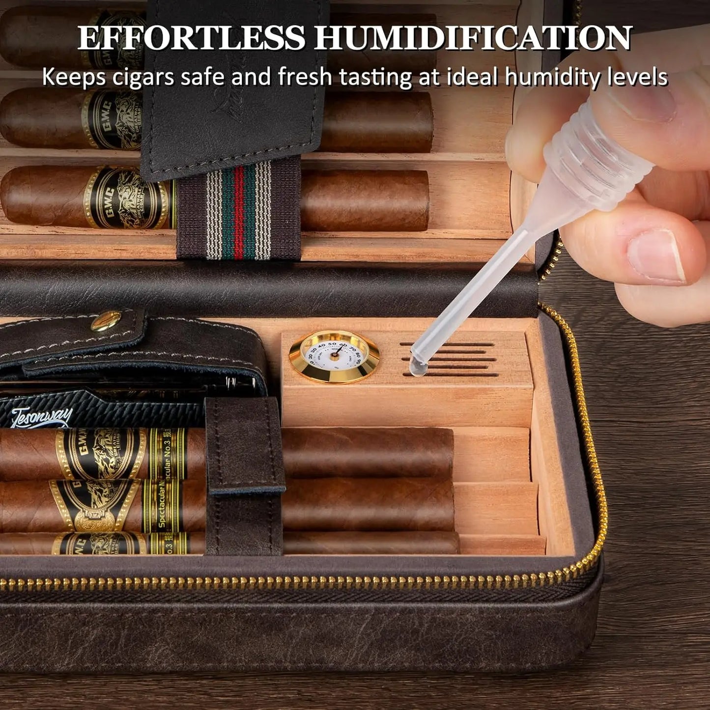 Travel Humidor Cigar Case&Cigar Lighter,Leather Cigar Case with Cedar Wood Tray,Hygrometer,Humidifier,Cigar Accessories for Men