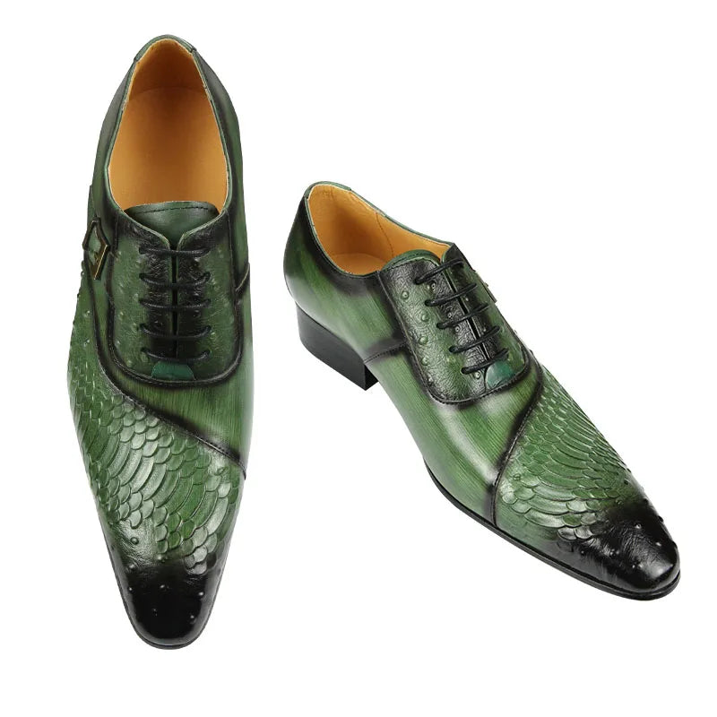 Luxury Men's Oxford Dress Shoes – British Carved Wingtip Leather Lace-Ups in Black & Green