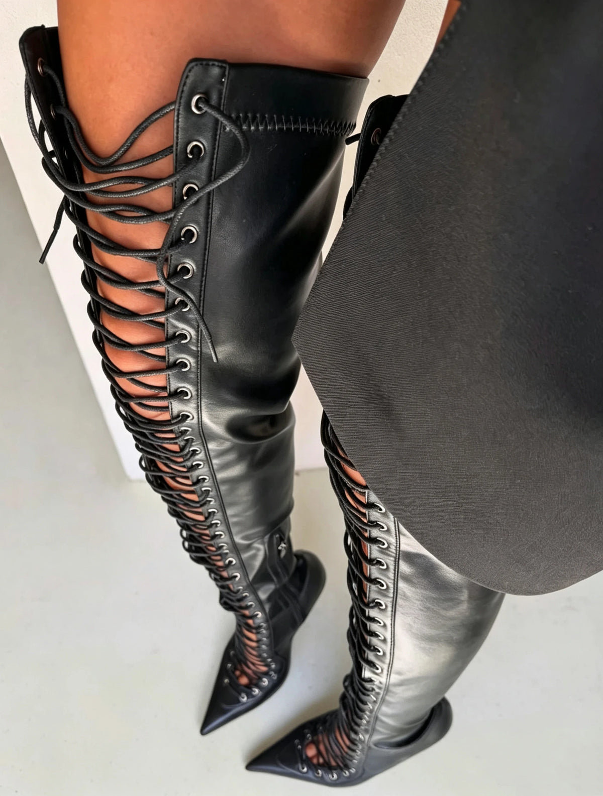 Spring/Summer Black Over The Knee Boots Women Pointed Toe Stiletto Heels Lace Up Cutout Side Zipper Sexy Club Party Dress Boots