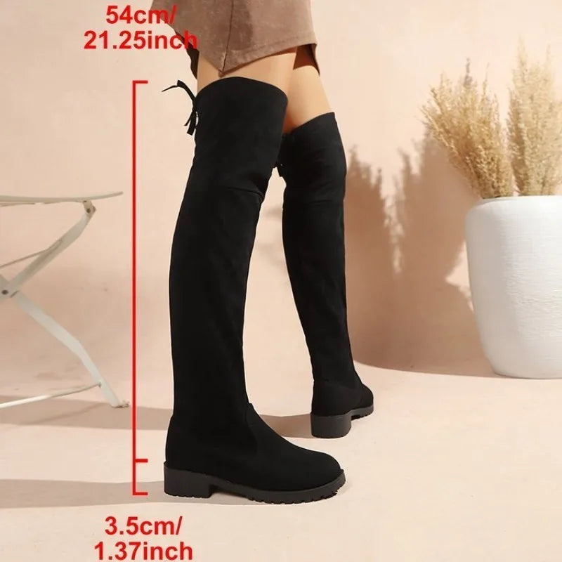 Women Round Toe Over‑The‑Knee Boots Faux Suede Stretch Low Block Heel Back Bow Pull‑On Long Boots