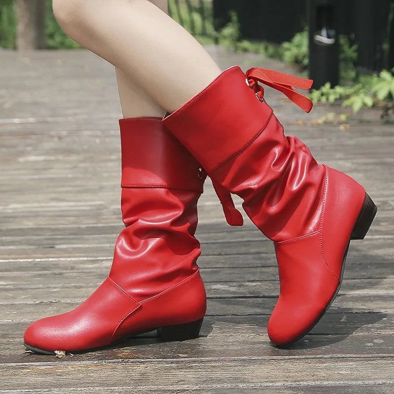 Women Versatile Boots Autumn Casual Back Lace-Up Mid-calf Boots Fashion Pleated Pu Leather Low Heel Botas Woman Large Size Shoes