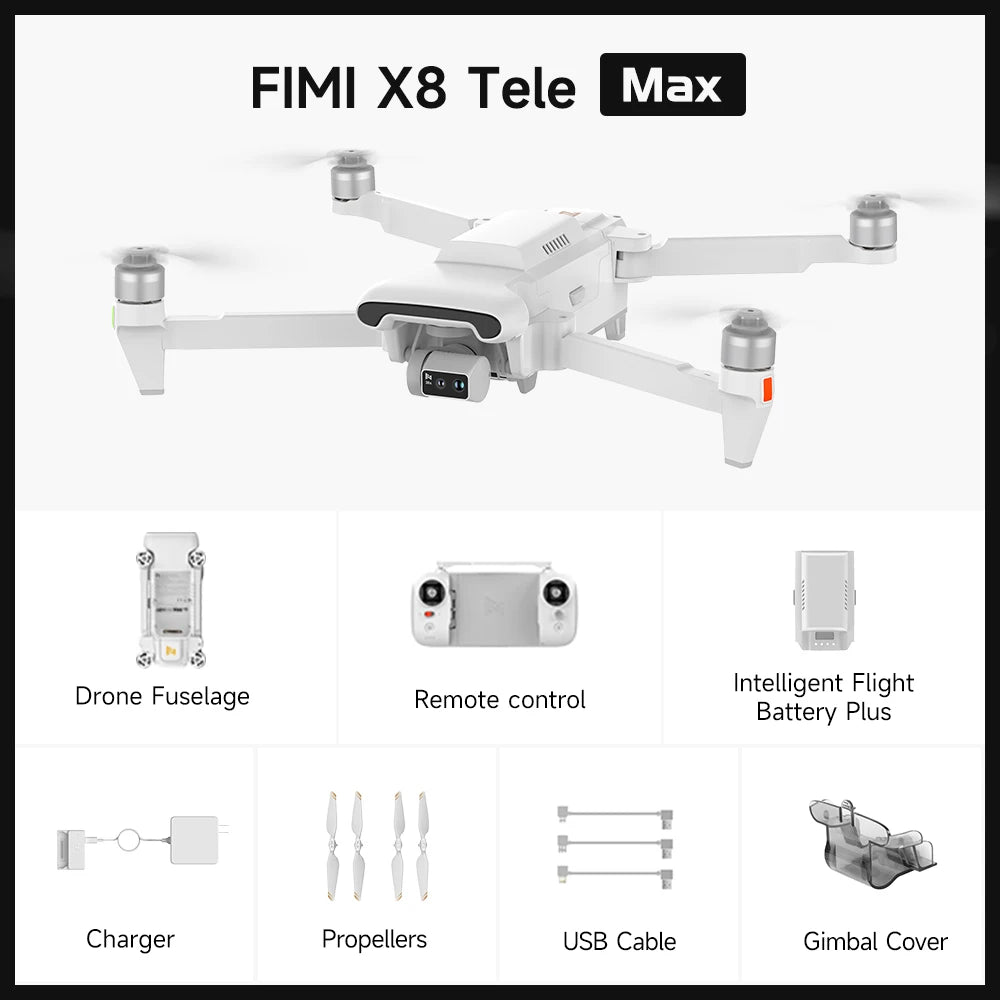 FIMI X8 Tele Max Drone 30x Hybrid Zoom Wide-Angle Tele Camera 20KM Range 4K 60fps 3-Axis Gimbal GPS AI Super Night Video